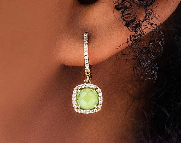 14k Yellow Gold Cushion Halo Peridot and Diamond Drop Earrings
