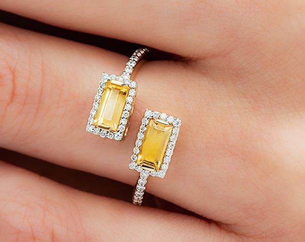 14K Yellow Gold EmeraldCut Citrine and Diamond Halo Bypass Ring