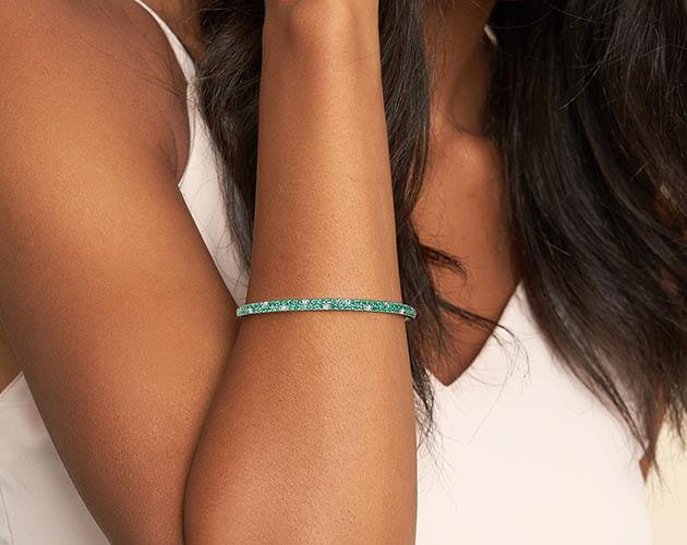 14K White Gold Double Row Pavā Emerald and Diamond Bangle Bracelet