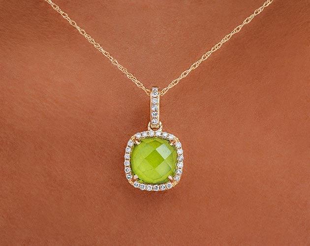14k Yellow Gold Cushion Halo Peridot and Diamond Necklace