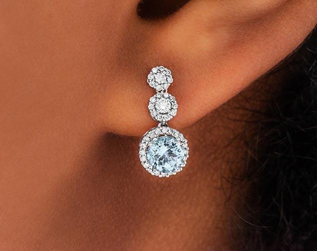 14K White Gold Graduated Round Trio Halo Aquamarine and Diamond Drop Earrings