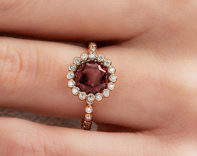 14K Rose Gold Garnet and Diamond Studded Beaded Halo Ring
