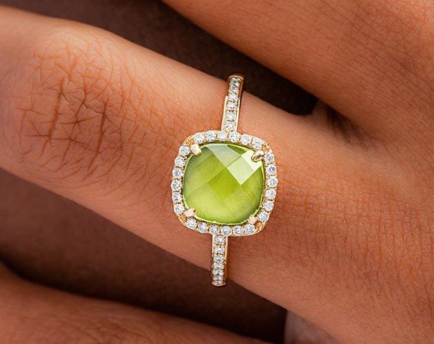 14k Yellow Gold Cushion Halo Peridot and Diamond Ring