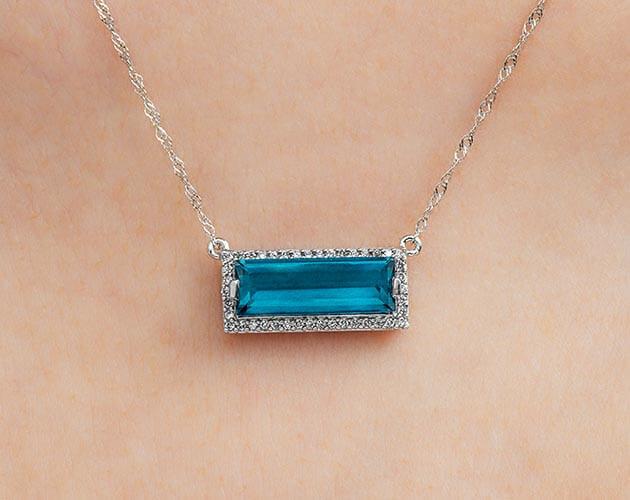 14K White Gold Emerald Cut London Blue Topaz and Diamond Halo Bar Necklace