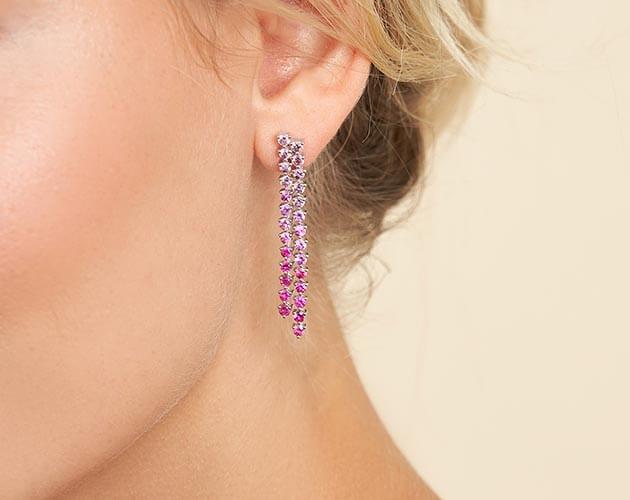 14K White Gold Dangling Ombre Ruby to Pink Sapphire Drop Earrings