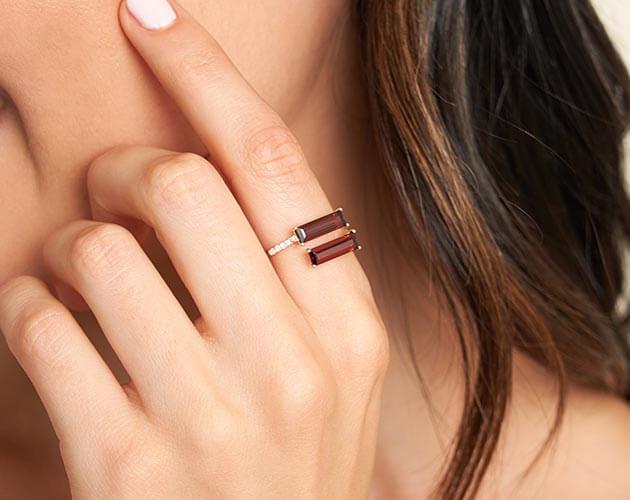 14K Yellow Gold Bypass Duo Garnet and Diamond Ring by Brevani