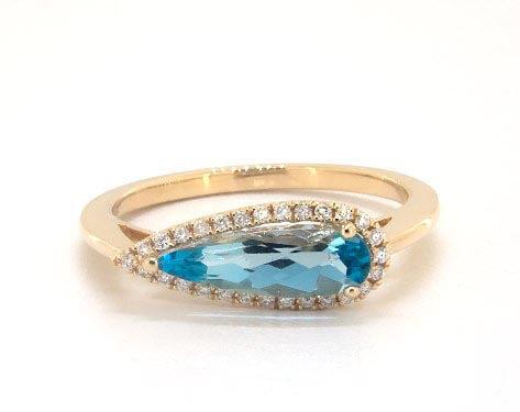 14K Yellow Gold Teardrop Blue Topaz and Diamond Halo Ring by Brevani