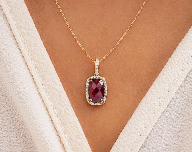 14K Yellow Gold Elongated Cushion Halo Garnet and Diamond Necklace