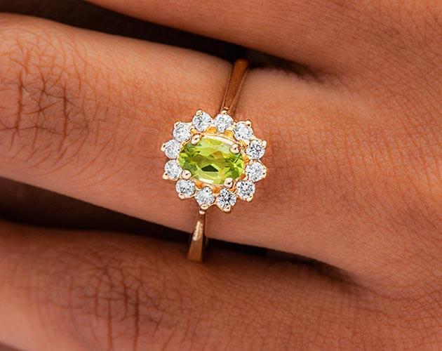 14K Yellow Gold Oval Halo Peridot and Diamond Ring