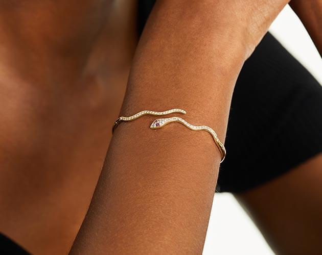 14K Yellow Gold Snake Motif Diamond and Ruby Bracelet