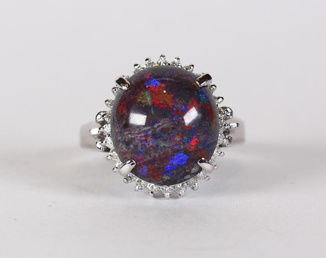platinum ring with diamonds and sugar-treated opal