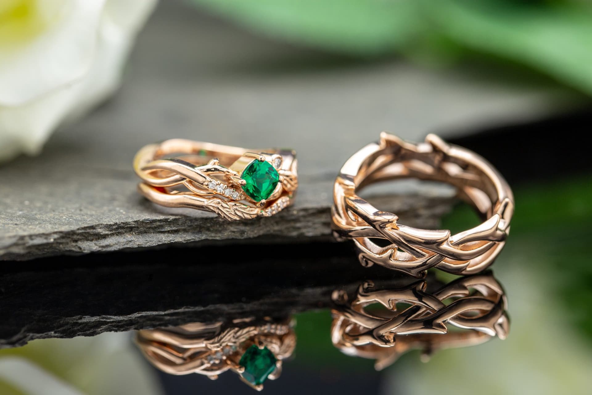 full set of nature-inspired emerald rings