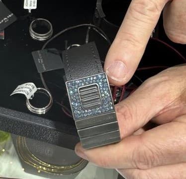 synthetic blue diamonds and vegan leather