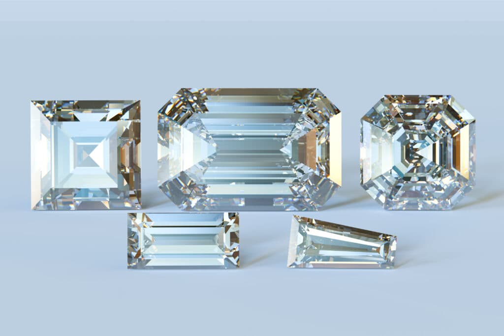 Five step-cut diamonds — Baguette, Tapered Baguette, Emerald, Asscher, and Carré