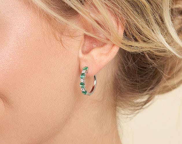 14K White Gold Alternating Oval Emerald and Round Diamond Hoop Earrings