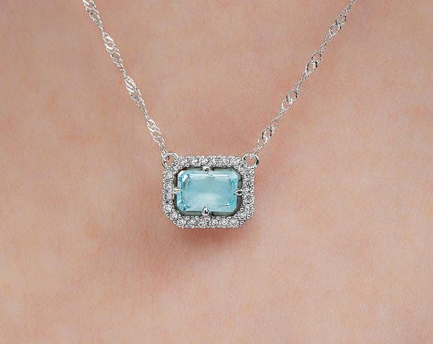 14K White Gold Aquamarine and Diamond Floating Halo Necklace