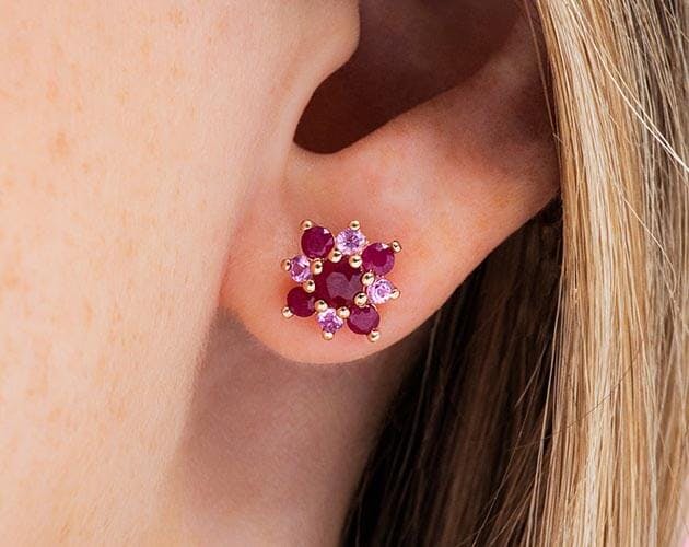 14K Rose Gold Ruby and Pink Sapphire Flower Cluster Earrings
