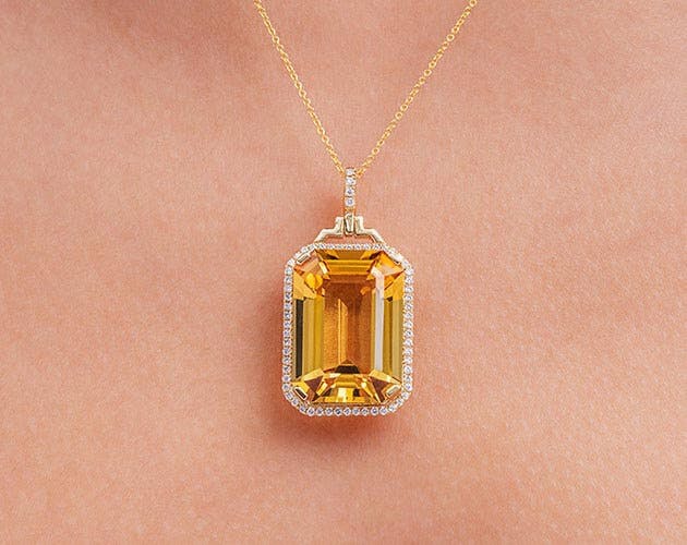 18K Yellow Gold Emerald Cut Citrine and Diamond Necklace