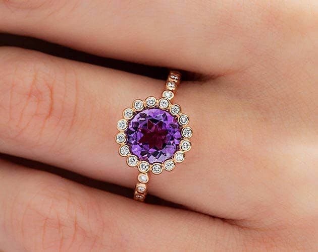 14K Rose Gold Amethyst and Diamond Studded Beaded Halo Ring