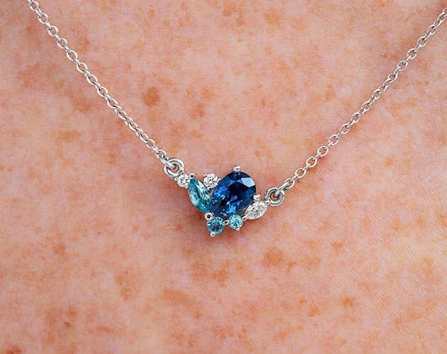 14K White Gold Sapphire, Blue Zircon and Diamond Cluster Necklace.jpg