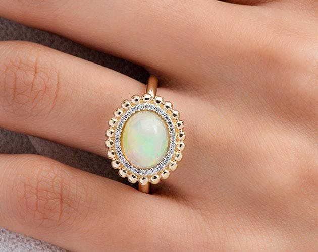 14K Yellow Gold Opal and Diamond Beaded Double Halo Ring