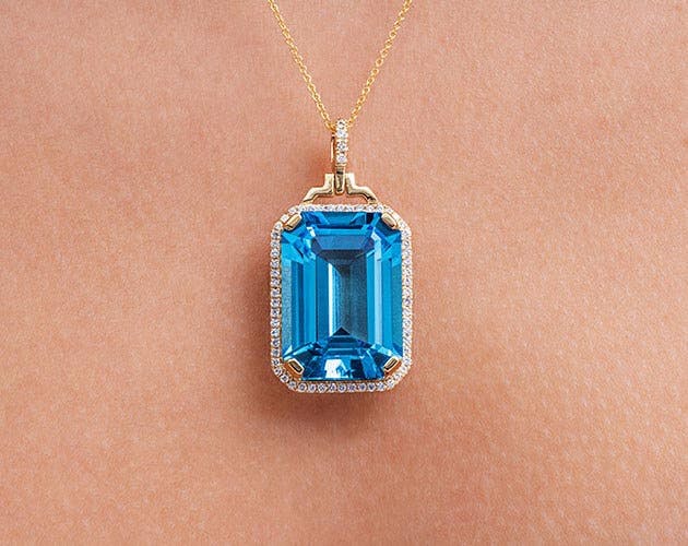 18K Yellow Gold Emerald Cut Blue Topaz and Diamond Necklace