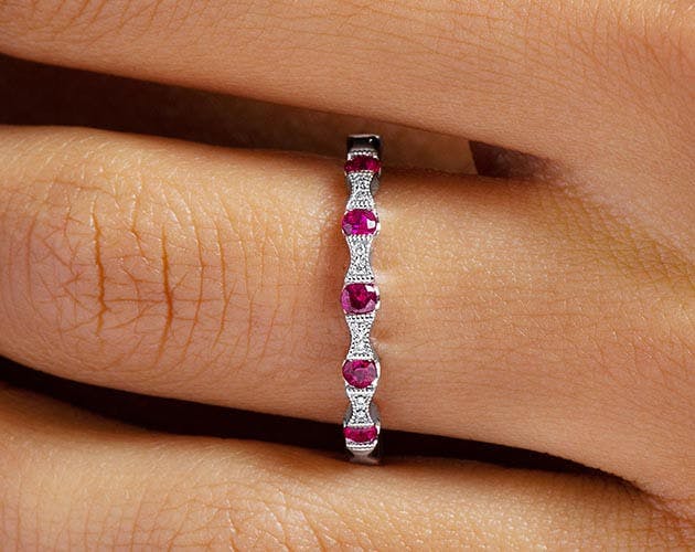 14K White Gold Vintage Bowtie Shaped Stations Alternating Ruby and Diamond Ring