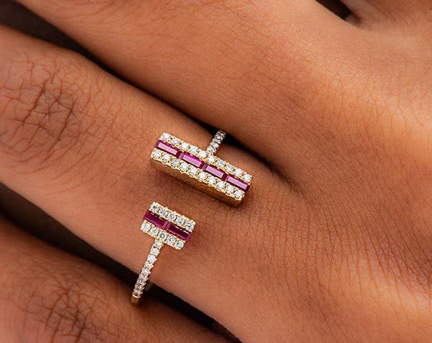 14k Yellow Gold Open Double Bar Ruby and Diamond Ring