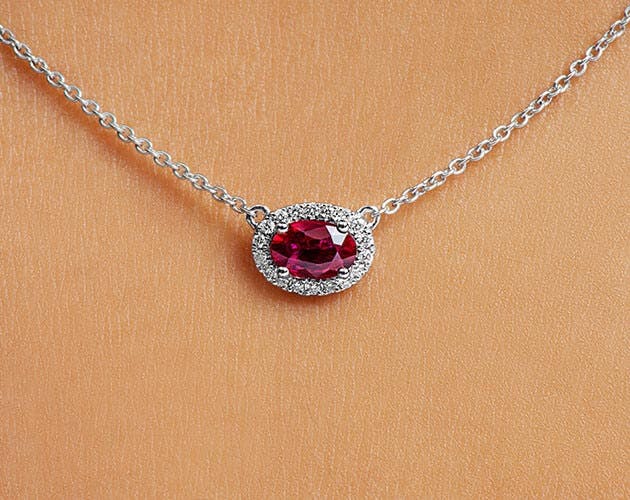 18K White Gold East-West Set Oval Halo Ruby and Diamond Necklace