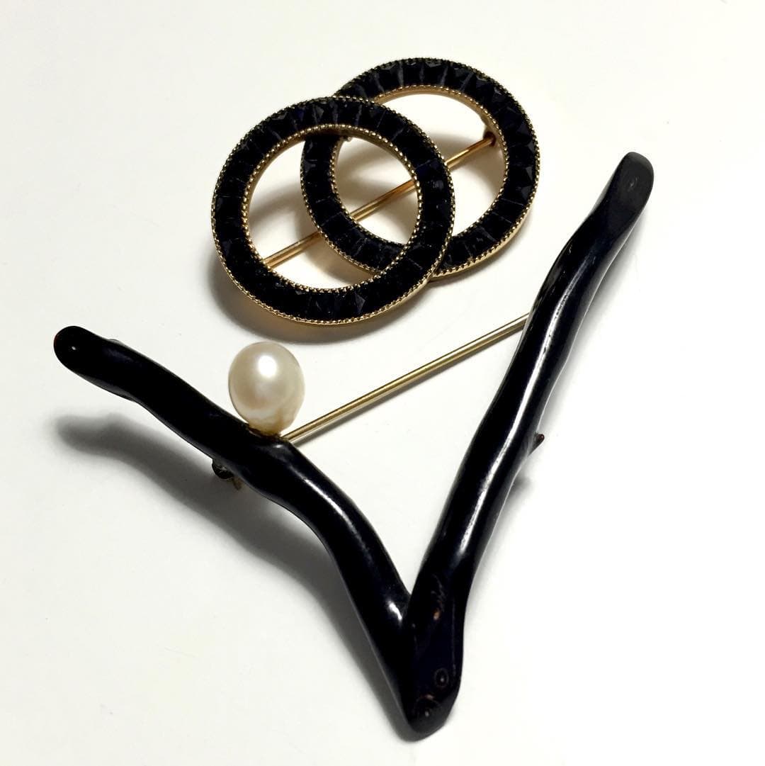 precious coral buying - black coral and pearl brooch