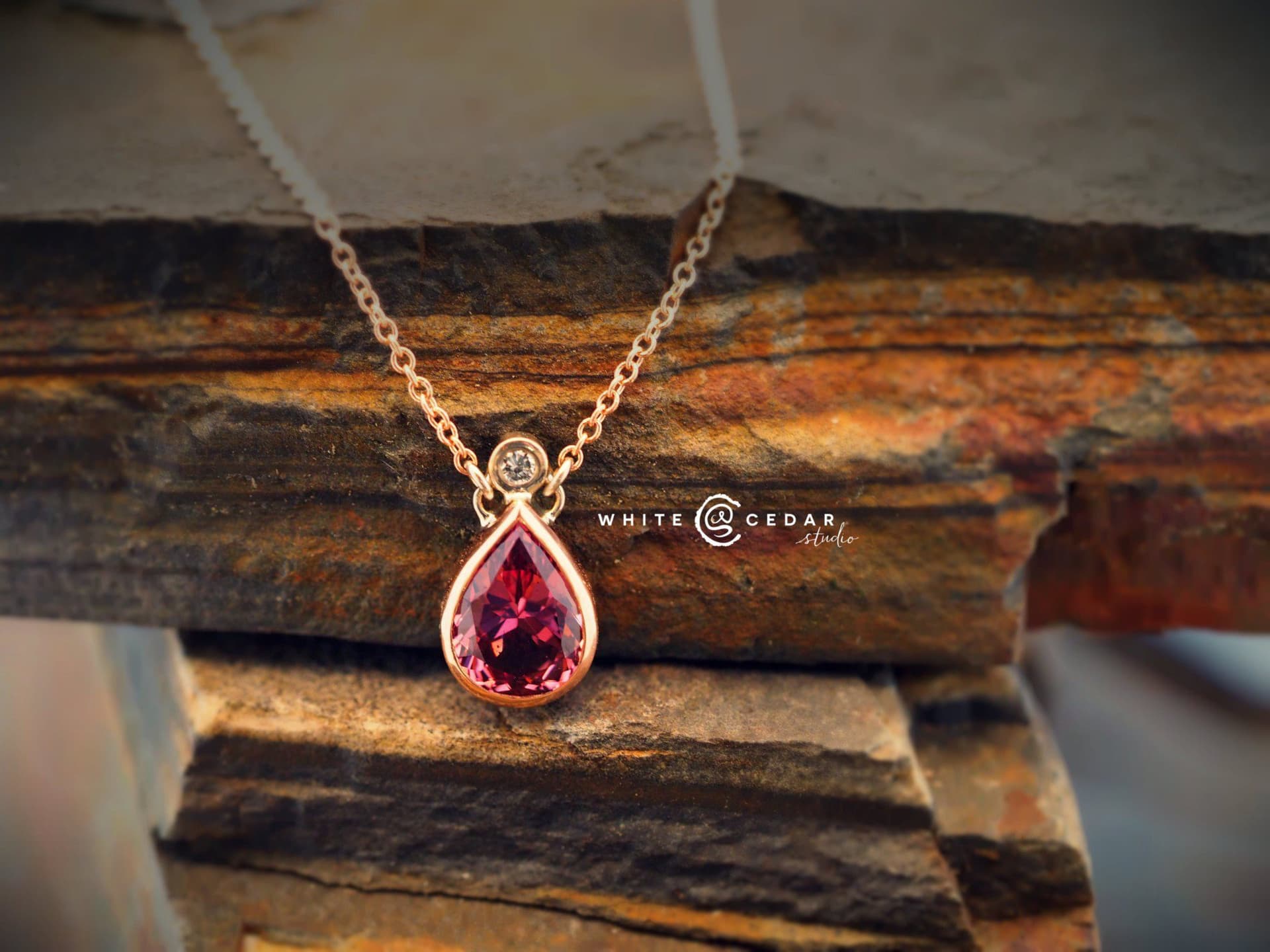 malaya garnet buying guide - rose gold necklace with malaya garnet and diamond