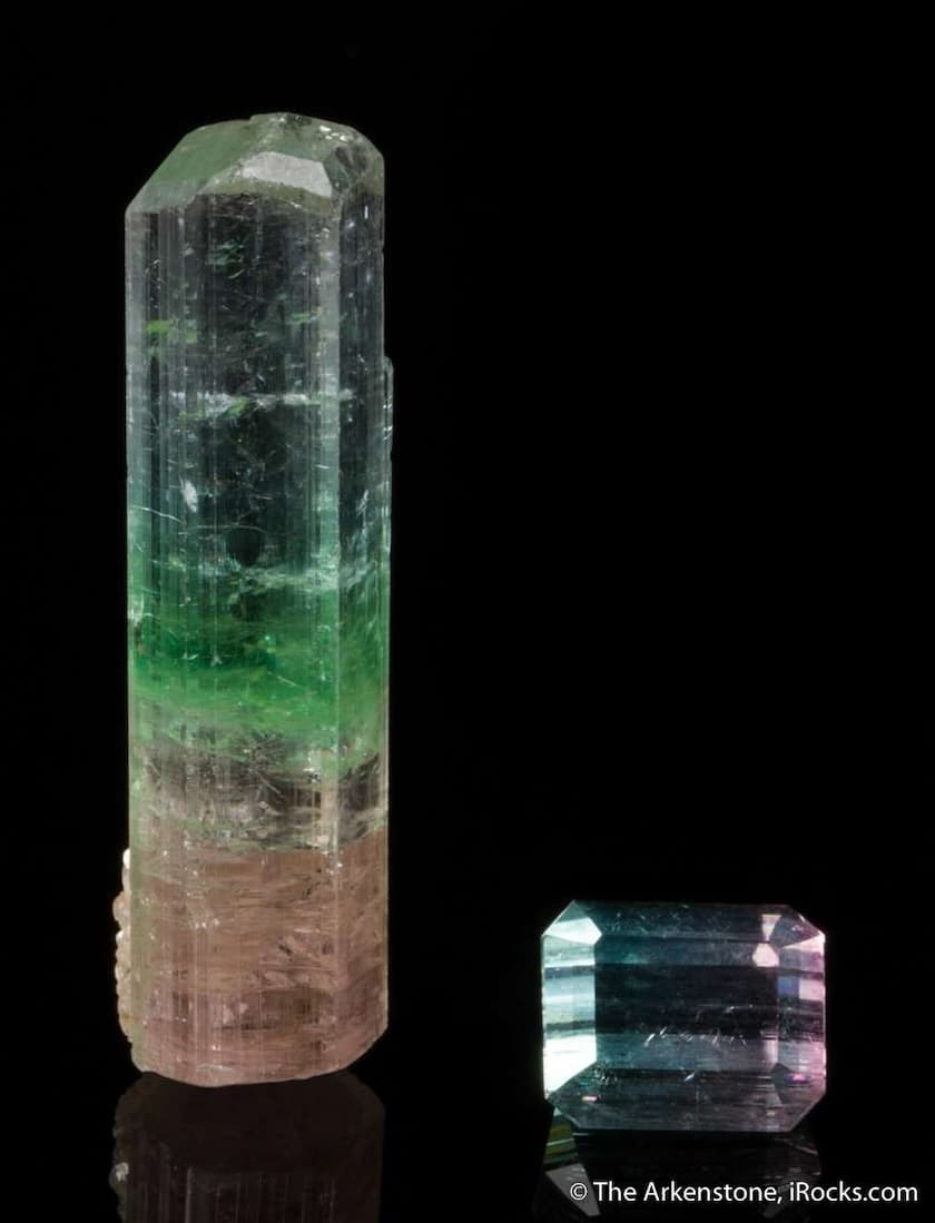 tourmaline mineral sample and gemstone set