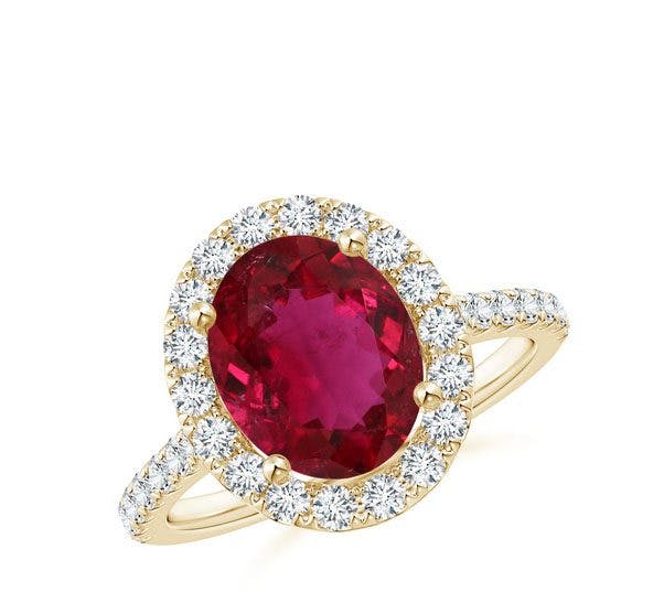GIA Certified Oval Rubelite Cathedral Ring with Diamond Halo Angara