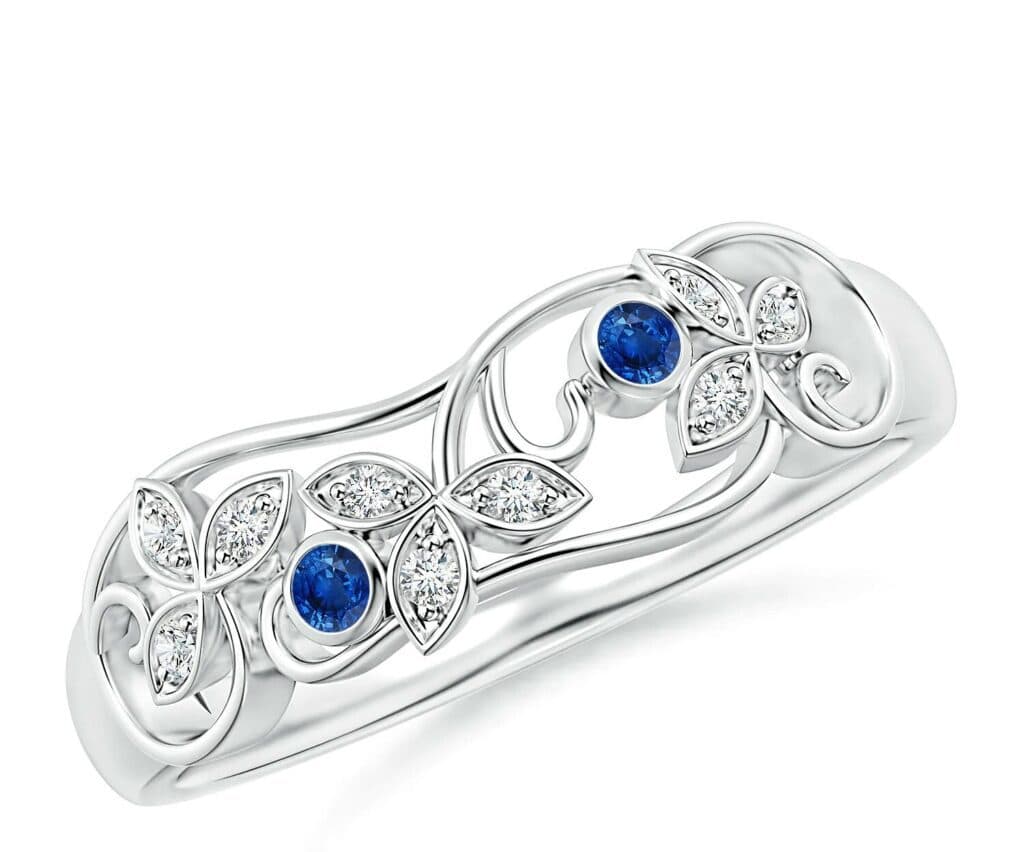 Vintage Style Blue Sapphire and Diamond Flower Scroll Ring Angara - outdoor proposal ideas