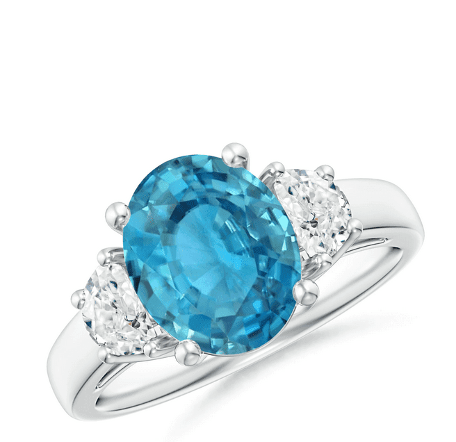 Example of December Birthstones: GIA Certified Three Stone Oval Blue Zircon and Half Moon Diamond Ring Angara