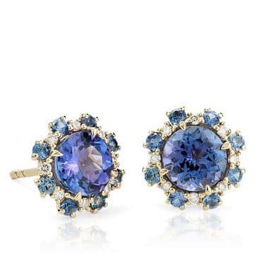 Example of December Birthstones: Tanzanite Stud Earrings with Sapphire and Diamond Halos in 14k Yellow Gold Blue Nile