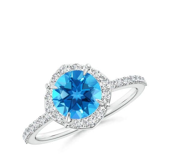 Example of December Birthstones: Vintage Style Claw-Set Round Swiss Blue Topaz Halo Ring Angara
