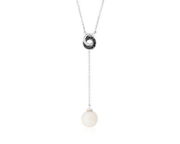 Freshwater Cultured Pearl Drop Pendant with Black Diamond Love Knot in 14k White Gold Blue NIle