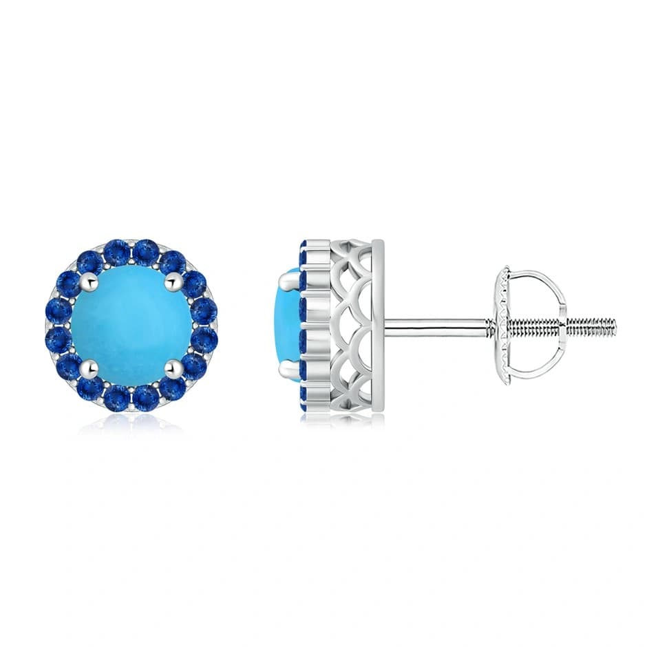 Round Turquoise and Sapphire Halo Stud Earrings Angara
