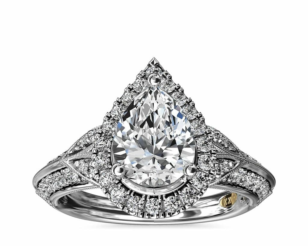 ZAC ZAC POSEN Vintage Inspired Pear Halo Diamond Engagement Ring in 14k White Gold Blue NIle