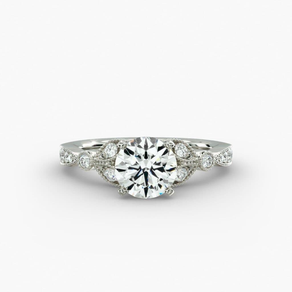 Petite Vintage Pavé Leaf Diamond Engagement Ring in 18k White Gold Blue Nile