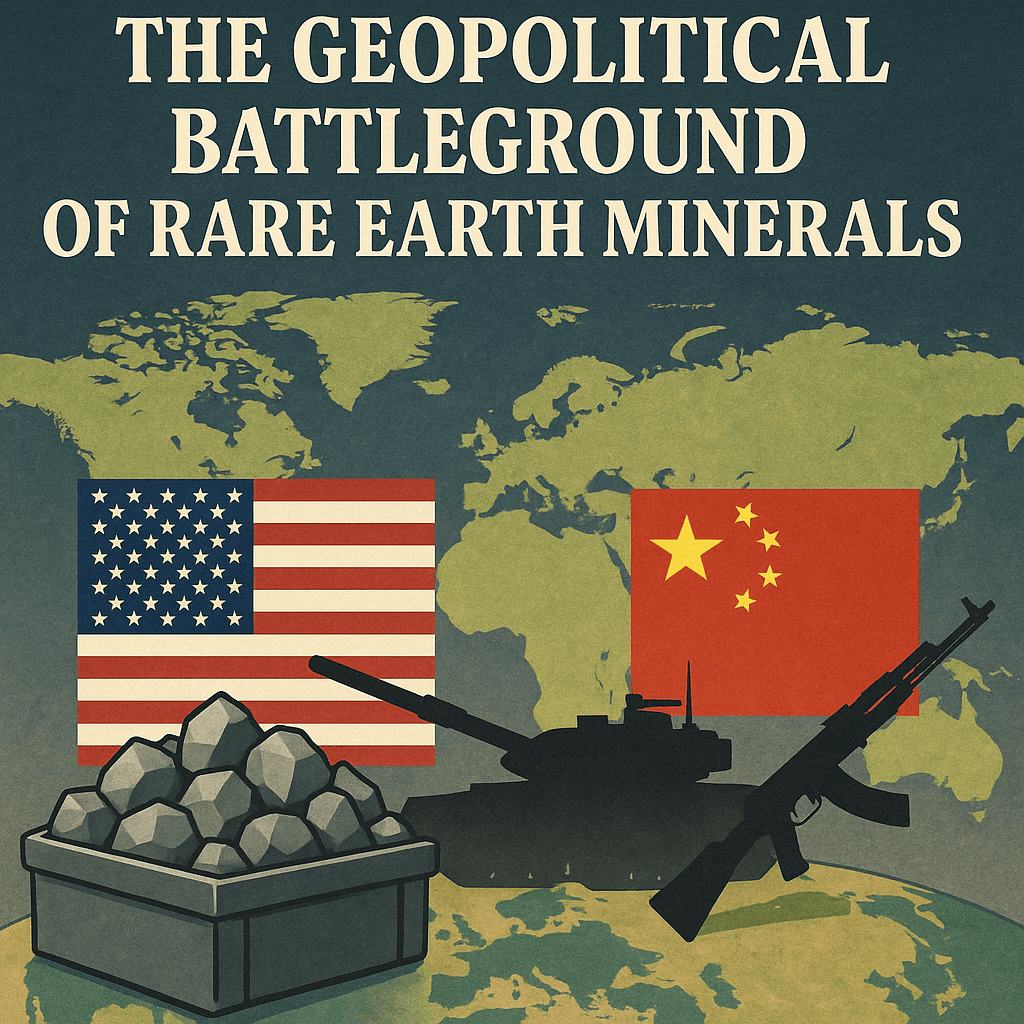 Cover image with world map and title of "The Geopolitical Battleground of Rare Earth Minerals"