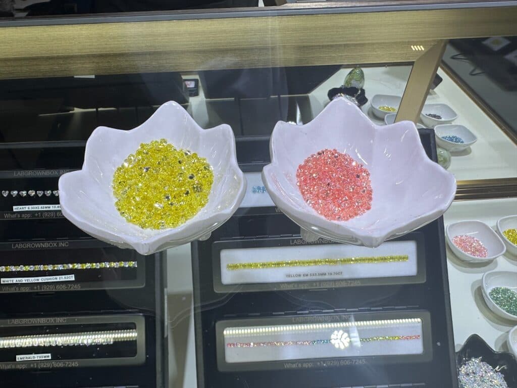Synthetic yellow and pink diamonds
