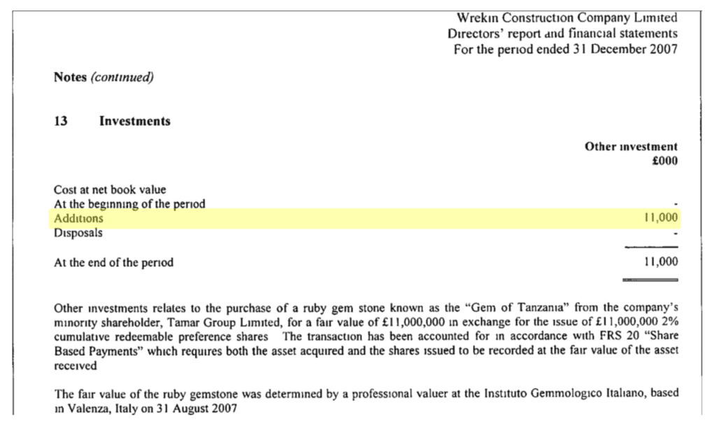 Fragment of Wrekin Construction financial statement - Additions position highlighted