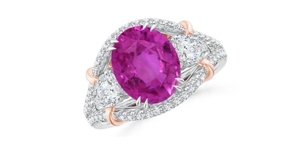three stone ring purplish pink sapphire