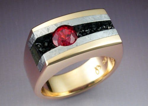 garnet buying - ring with red spinel, melanite, meteorite