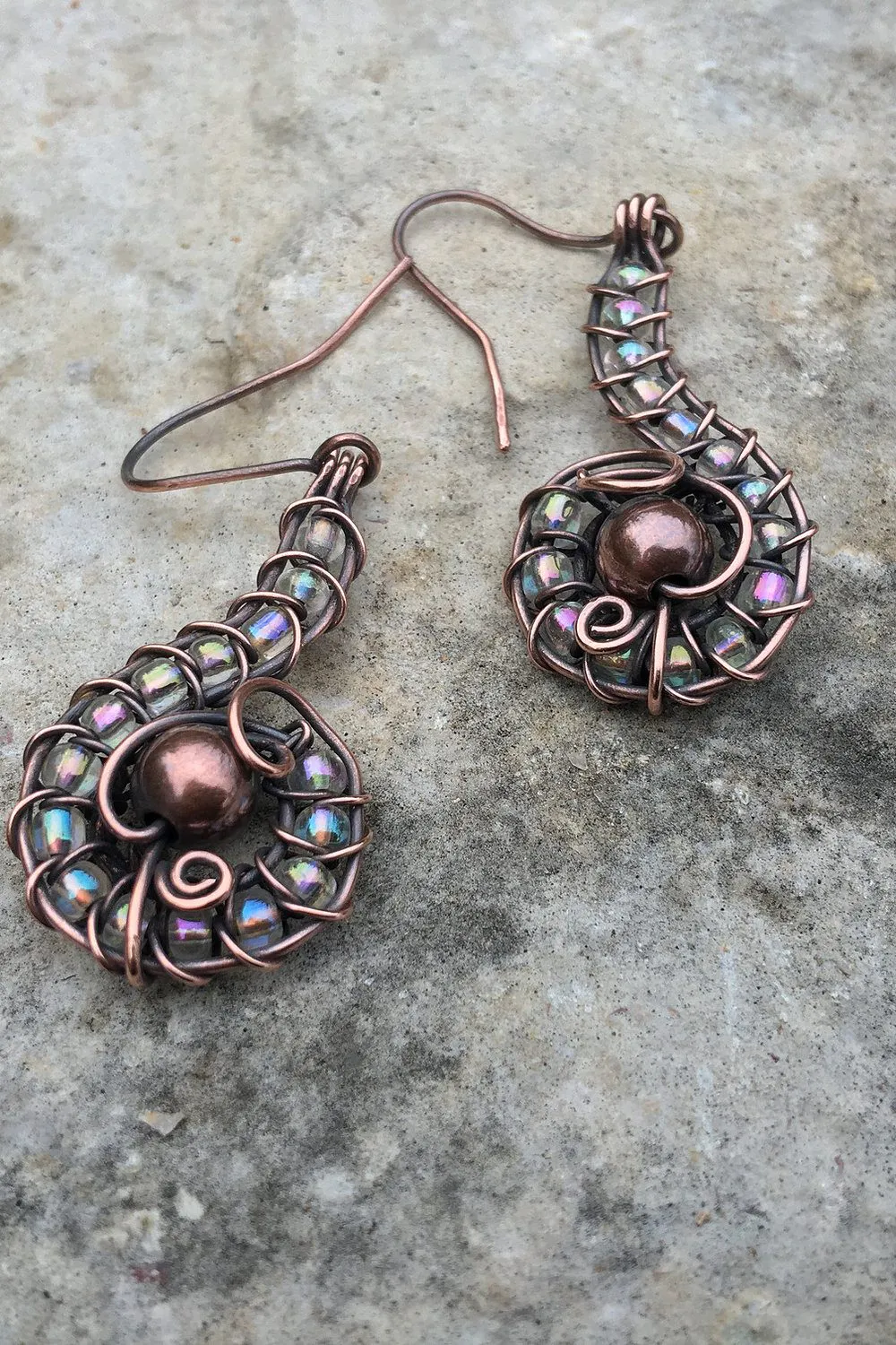 copper earrings with iridescent glass beads