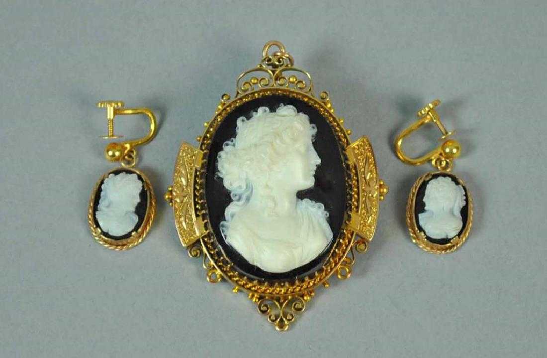 brooch and earrings with onyx cameos - Arabic onyx
