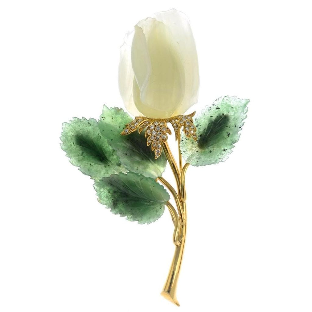 bowenite, nephrite, and diamond brooch