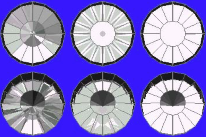 41° Pavilion, 16° Crown, Small Table Ray Traces - gram wagon wheel gem design